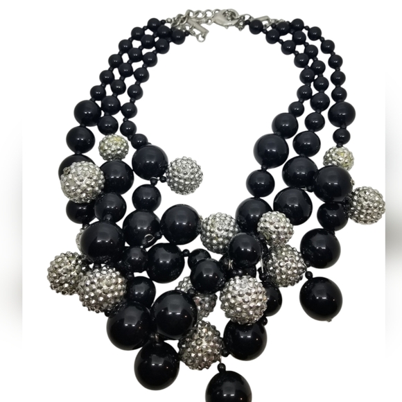 VINTAGE BLACK & SILVER SPARKLE BEAD LAYERED CHUNKY STATEMENT NECKLACE - Picture 3 of 7
